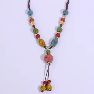 Vintage bohemian ceramic bead sweater chain long ethnic necklace for women autumn apparel accessories
