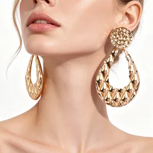 Boucles d'oreilles pendantes goutte d'eau en metal dore texture pour femmes