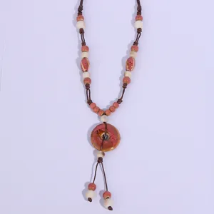 Vintage handmade ceramic long sweater necklace ethnic style beaded pendant jewelry women