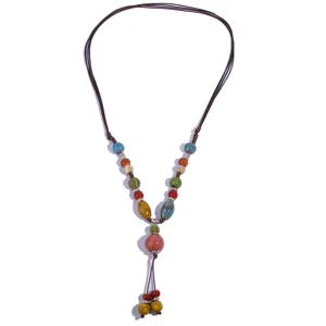 Boho ceramic long necklace retro ethnic sweater chain multi-color beads linen clothing accessories