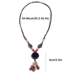 Retro ethnic ceramic pendant sweater chain with wooden beads handmade long necklace