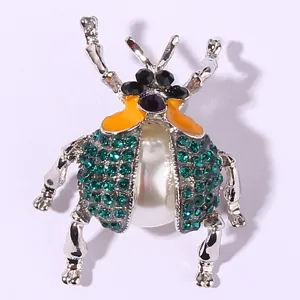 Cute beetle insect brooch pin with green rhinestones faux pearl and orange enamel for women