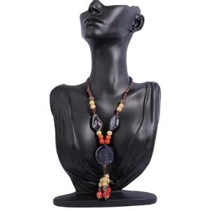 Vintage ethnic style handmade ceramic long sweater chain necklace with colorful beads.