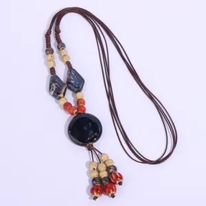 Vintage ceramic long sweater chain necklace, ethnic style handmade beaded pendant jewelry.