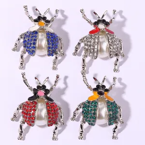 Vintage Alloy Rhinestone Beetle Brooch Creative Insect Pin Luxury Artificial Pearl Corsage For Women Clothing Dress Accessories Gift