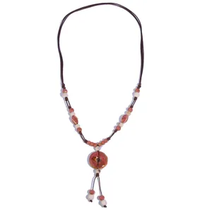 Retro ethnic style long sweater chain with handmade ceramic pendant and beads for women