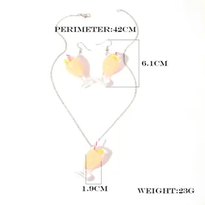 Cute resin juice cup jewelry set details, featuring necklace and earrings with lemon design.
