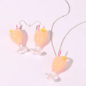 3D resin juice cup jewelry set necklace earrings cute lemon drink summer fashion style