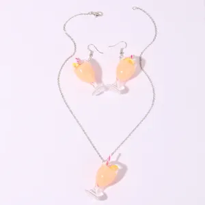 Cute resin juice cup necklace earrings jewelry set, adorable fruit pendant sweet accessory details.