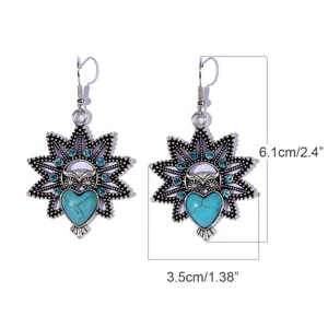 Vintage owl dangle earrings with turquoise heart and blue crystals for women boho style.