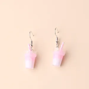 Cute pink milk tea cup dangle earrings for women, sweet style fun resin jewelry detail.