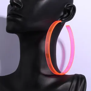 Neon orange acrylic oversized hoop earring detail, modern streetwear bold accessory close-up shot