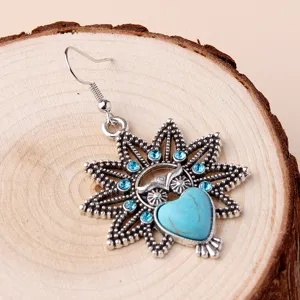 Retro bohemian owl turquoise drop earrings for women vintage ethnic alloy hook jewelry fashion