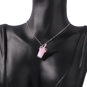 Cute bubble tea pendant necklace, fun creative pink resin drink jewelry gift for women.