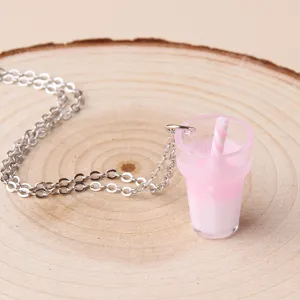 Cute mini milk tea cup pendant necklace for girls sweet pink minimalist jewelry gift