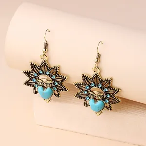 Vintage owl drop earrings with turquoise heart stones and blue rhinestones for women boho jewelry
