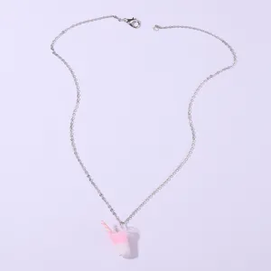 Cute pink mini drink pendant silver necklace, sweet style teen girl fashion jewelry detail