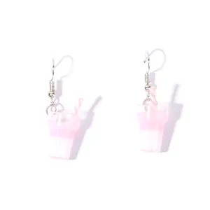 Cute pink milk tea cup drop earrings for women, sweet style dangle earrings jewelry