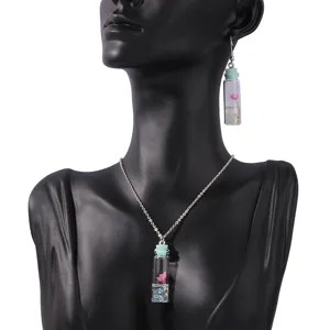 Creative Wishing Bottle Pendant Necklace Earrings Set Botanical Dried Flower Lotus Charm Jewelry Sweet Style Women Accessories