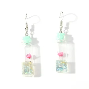 Cute glass wishing bottle pendant earrings with pink dry flower and glitter for women fresh style