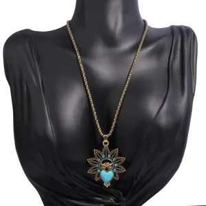 Vintage bronze owl pendant necklace with turquoise heart stone, bohemian ethnic style jewelry.