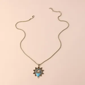 Vintage owl pendant necklace with turquoise heart, bohemian style clavicle chain jewelry.