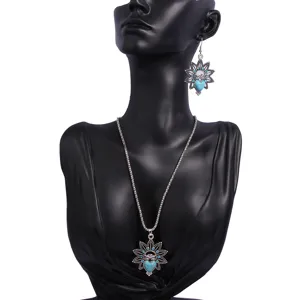 Vintage Owl Pendant Necklace Earring Set Bohemian Ethnic Style Artificial Turquoise Inlaid Rhinestone Alloy Jewelry Set For Women