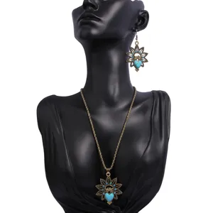 Vintage owl pendant necklace and earrings set with bohemian turquoise for women main view