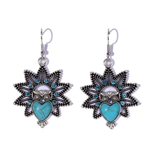 Vintage owl dangle earrings with turquoise heart and blue crystals bohemian style jewelry