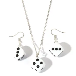 Trendy white dice pendant necklace and matching hook earrings jewelry set for daily wear.