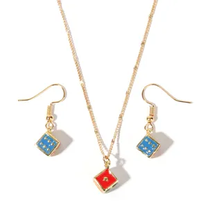 Fashion gold-toned chain necklace and blue red dice earrings jewelry set for women daily wear.