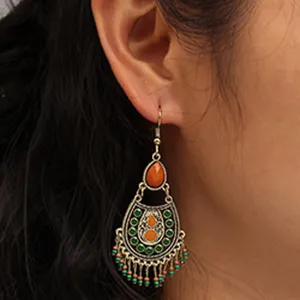 Vintage drop dangle earrings with orange green stones boho ethnic style jewelry for women