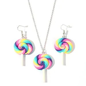 Colorful polymer clay lollipop necklace earrings jewelry set sweet fashion accessories