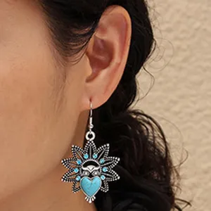 Vintage Bohemian Owl Drop Earrings Blue Artificial Turquoise Heart Rhinestone Alloy Geometric Petal Jewelry For Women