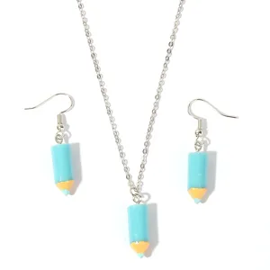 Cute blue pencil pendant necklace and earrings set, fun stationery themed fashion jewelry accessory.