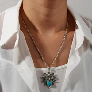 Vintage turquoise heart flower pendant necklace with silver chain statement fashion jewelry