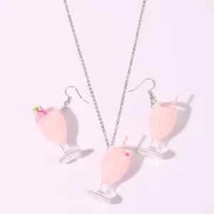 Cute Resin Juice Cup Jewelry Set Creative 3D Fruit Drink Pendant Necklace Drop Earrings For Women Fashion Alloy Jewelry Gift