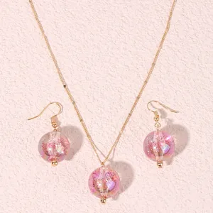 Exquisite pink glitter ball necklace and earrings set, sweet pastoral style jewelry.
