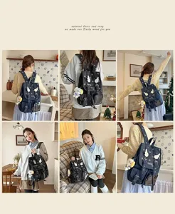 Korean style denim star backpack with wings and charm for casual daily use and school girls.