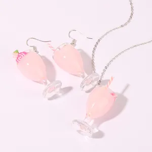 Pink juice cup resin earrings and necklace set detail view, cute fashion jewelry for daily wear.