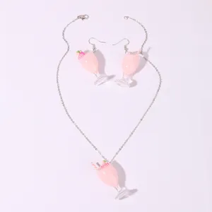 Resin juice cup necklace earrings set cute pink beverage jewelry for women daily wear