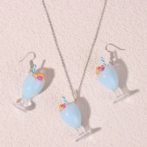 Cute resin juice cup jewelry set necklace earrings, fashion sweet design, lightweight daily wear.