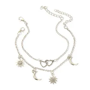 Dubbellaagse zilveren enkeltje met zon maan hart bedels, mode strand sieraden voor vrouwen.