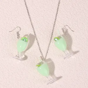 Cute resin juice cup necklace earrings set fashion green cocktail jewelry gift for girls.