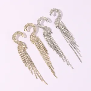 European Fashion Alloy Rhinestone Swan Long Tassel Earrings Shiny Exaggerated Nightclub Banquet Wedding Jewelry For Women
