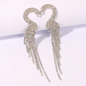 Rhinestone Long Fringe Swan Earrings Sparkly Crystal Tassel Dangle Earrings Party Jewelry