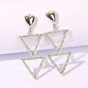 Silver-toned rhinestone geometric dangle earrings with heart stud for women fashion party jewelry
