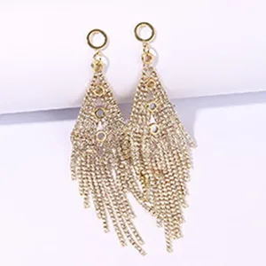Stunning long gold-toned rhinestone fringe earrings featuring elegant geometric circle links for women.