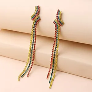 Exaggerated rhinestone long tassel earrings for women statement evening party fashion jewelry