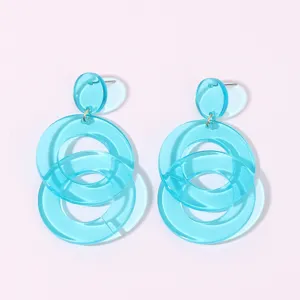 Vibrant blue transparent acrylic geometric round drop earrings for a stylish summer look.